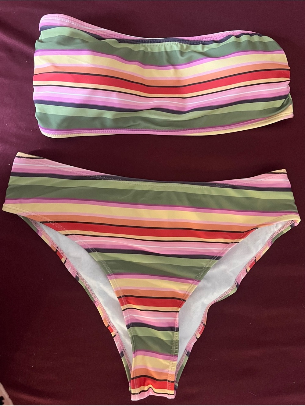 Womens Striped Bandeau Bikini Set SHEIN - Pink, Green & Orange